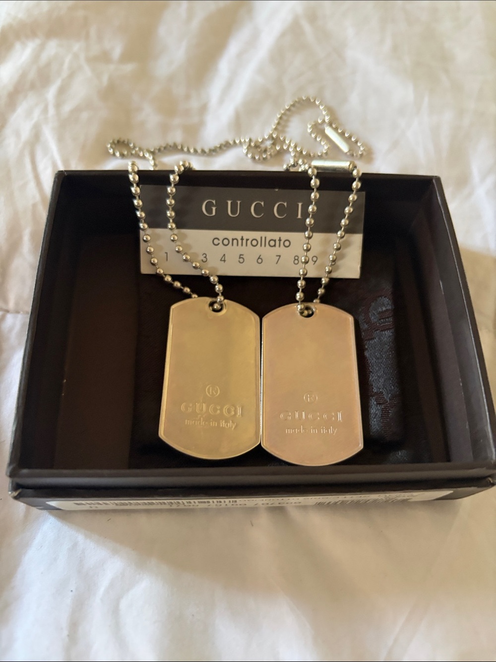 Gucci 925 Sterling Silver Double Dog Tag Necklace Box Pouch Italy